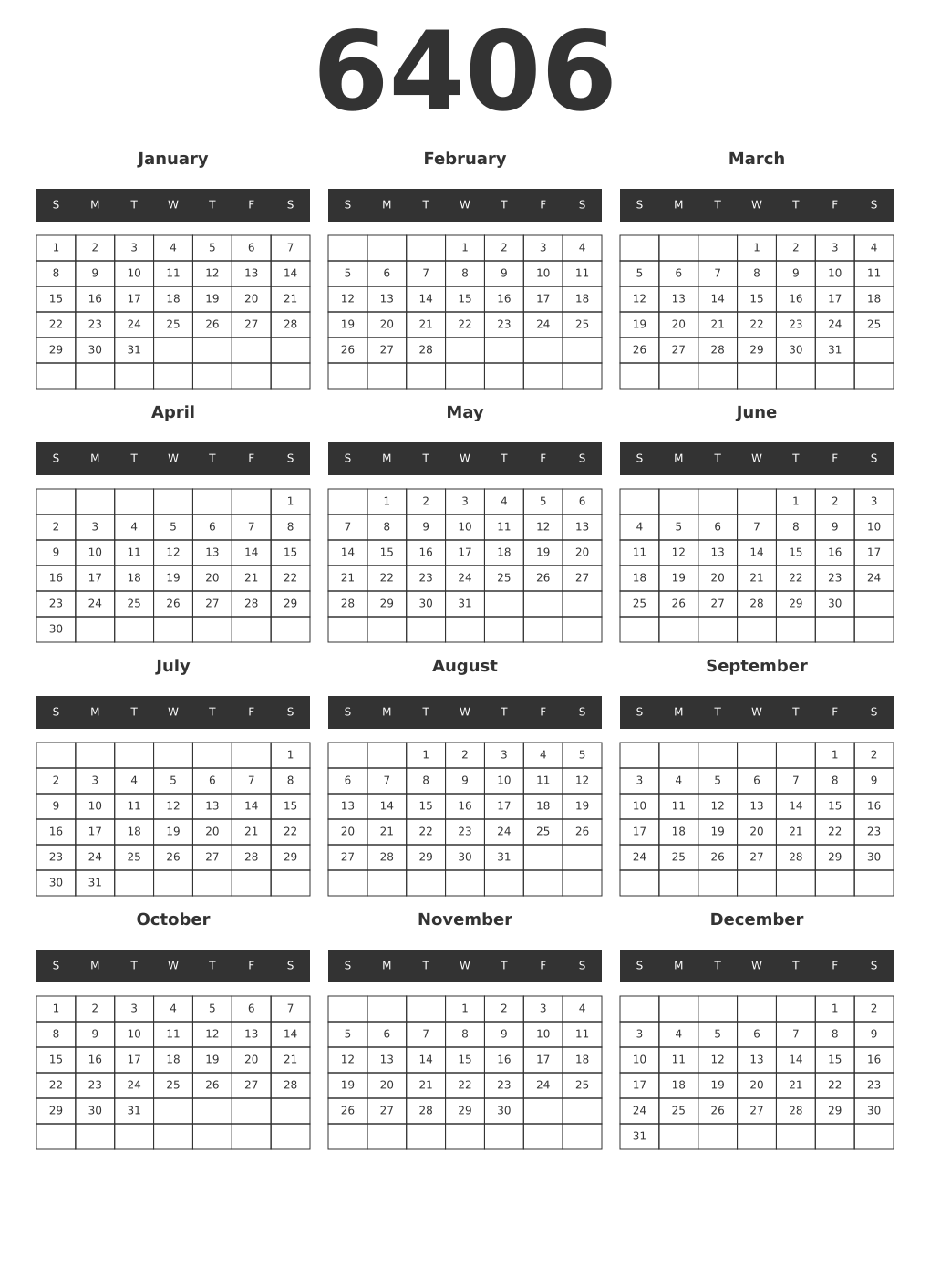 Printable 6406 Year Calendars dark