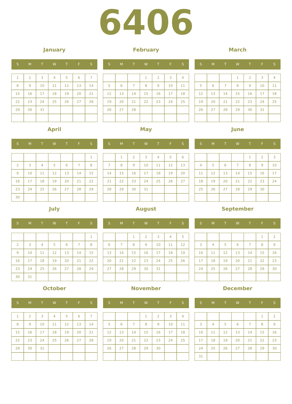 Printable 6406 Year Calendars eburnean