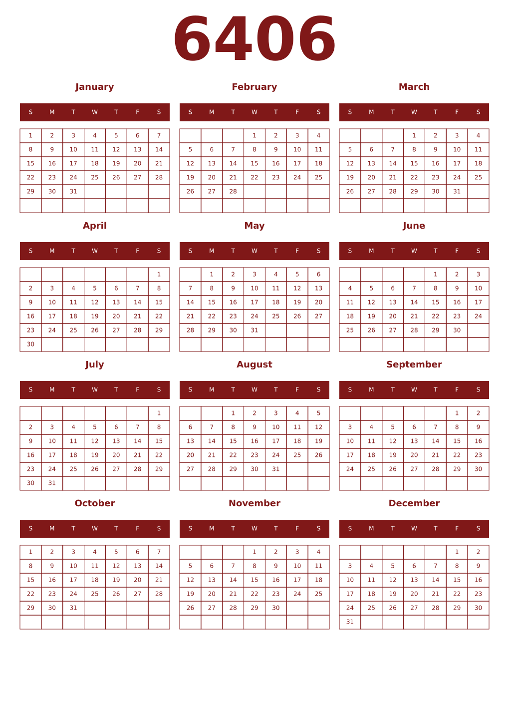 Printable 6406 Year Calendars falu