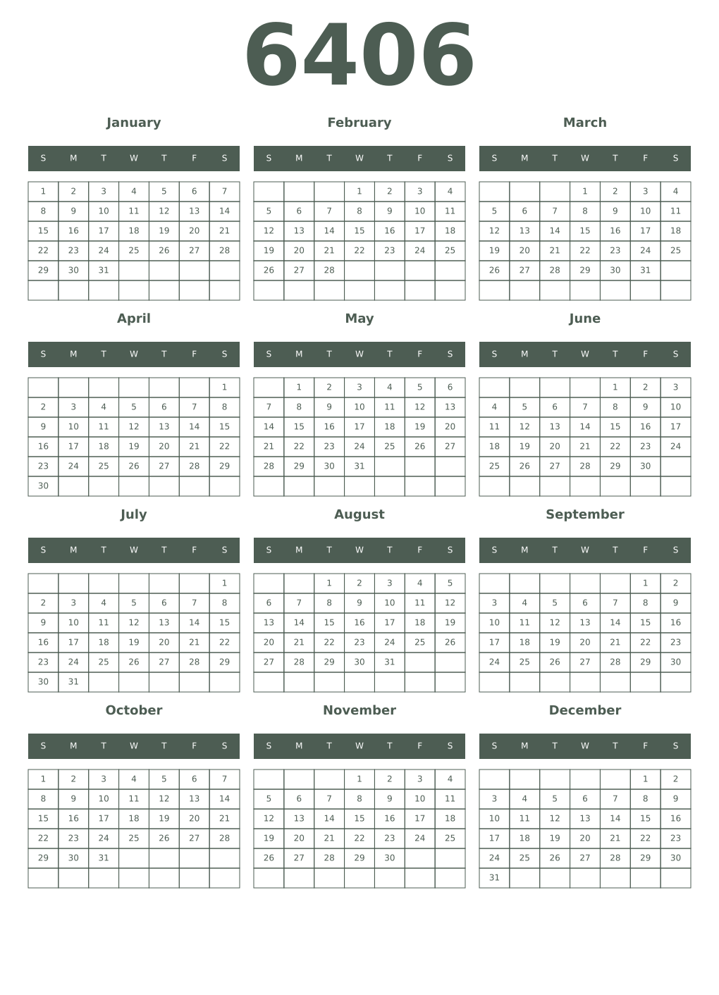 Printable 6406 Year Calendars feldgrau