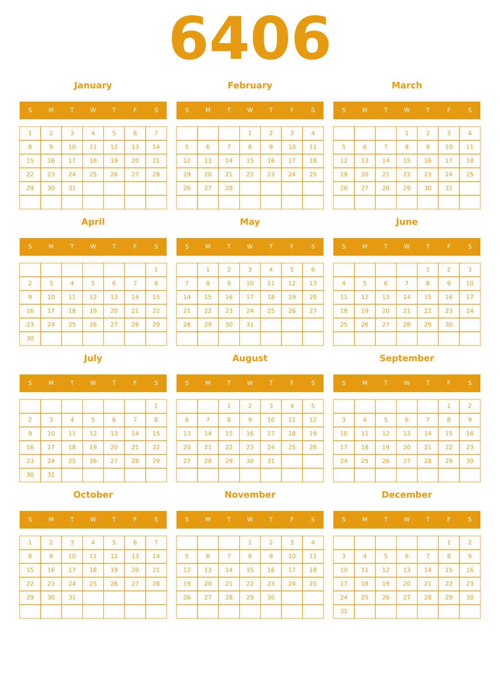 Printable 6406 Year Calendars gamboge