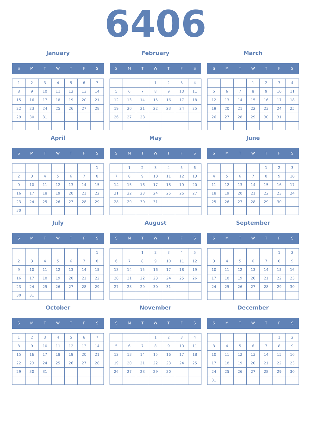 Printable 6406 Year Calendars glaucous