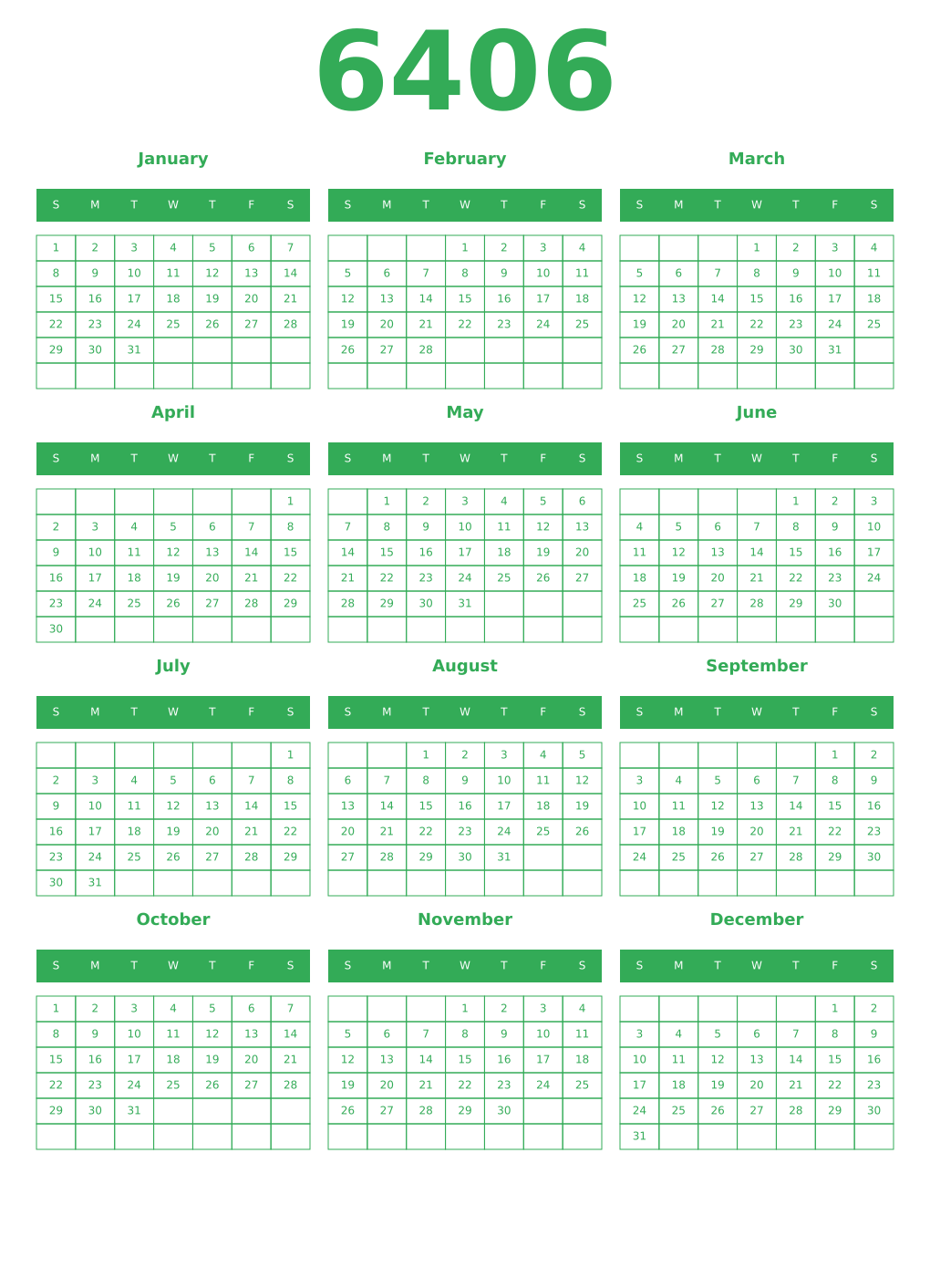 Printable 6406 Year Calendars green