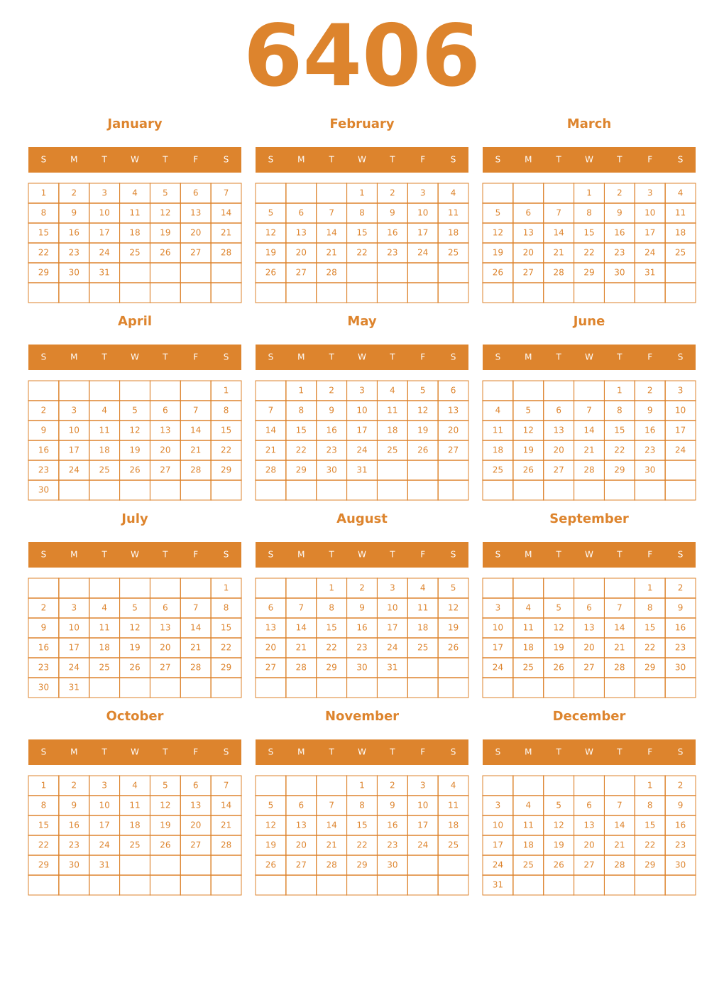 Printable 6406 Year Calendars orange