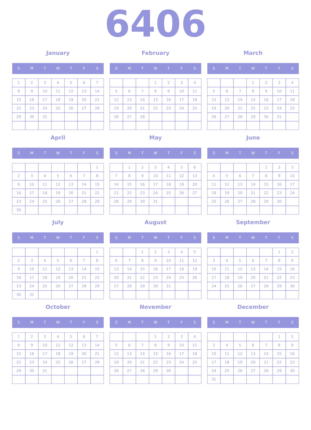 Printable 6406 Year Calendars periwinkle
