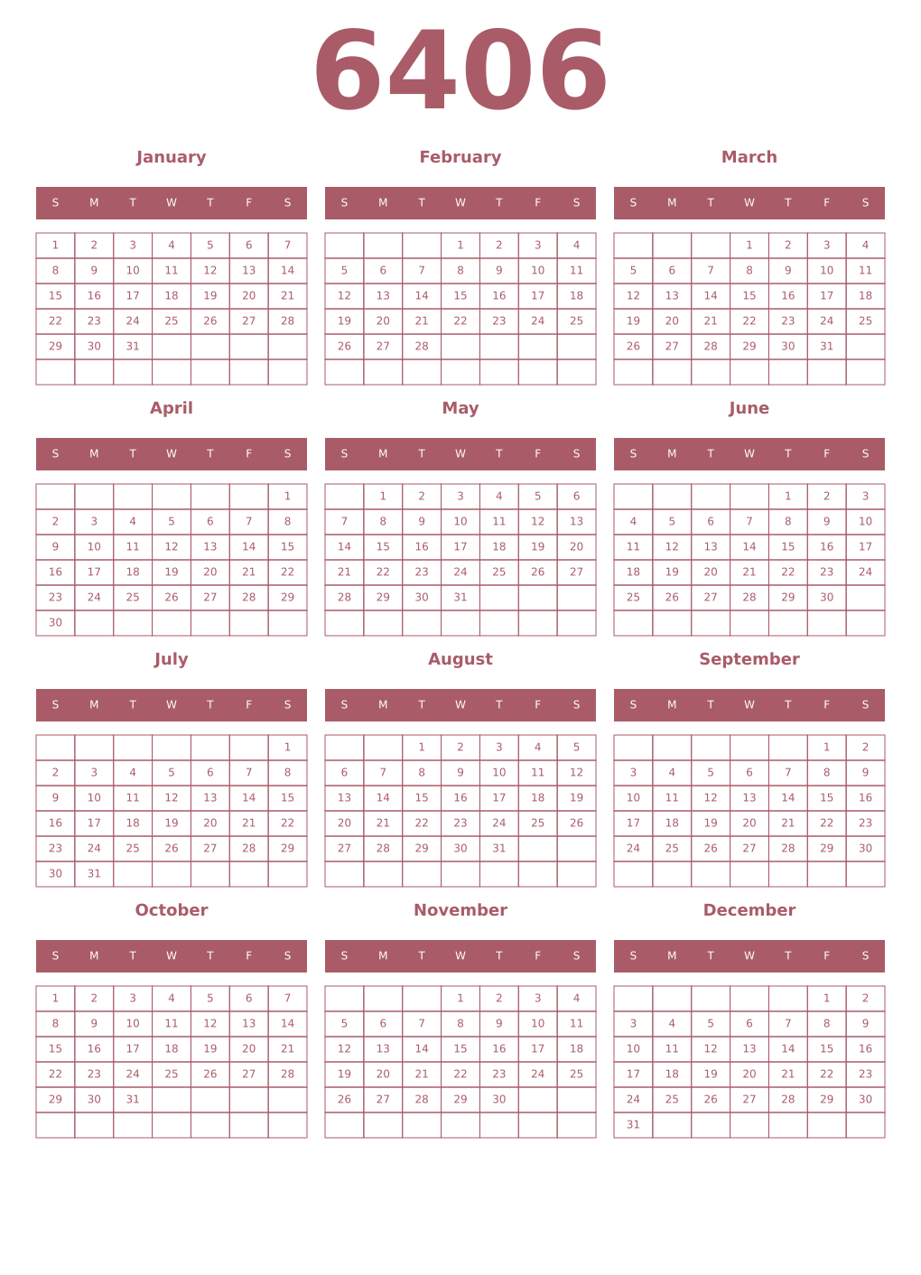 Printable 6406 Year Calendars puce