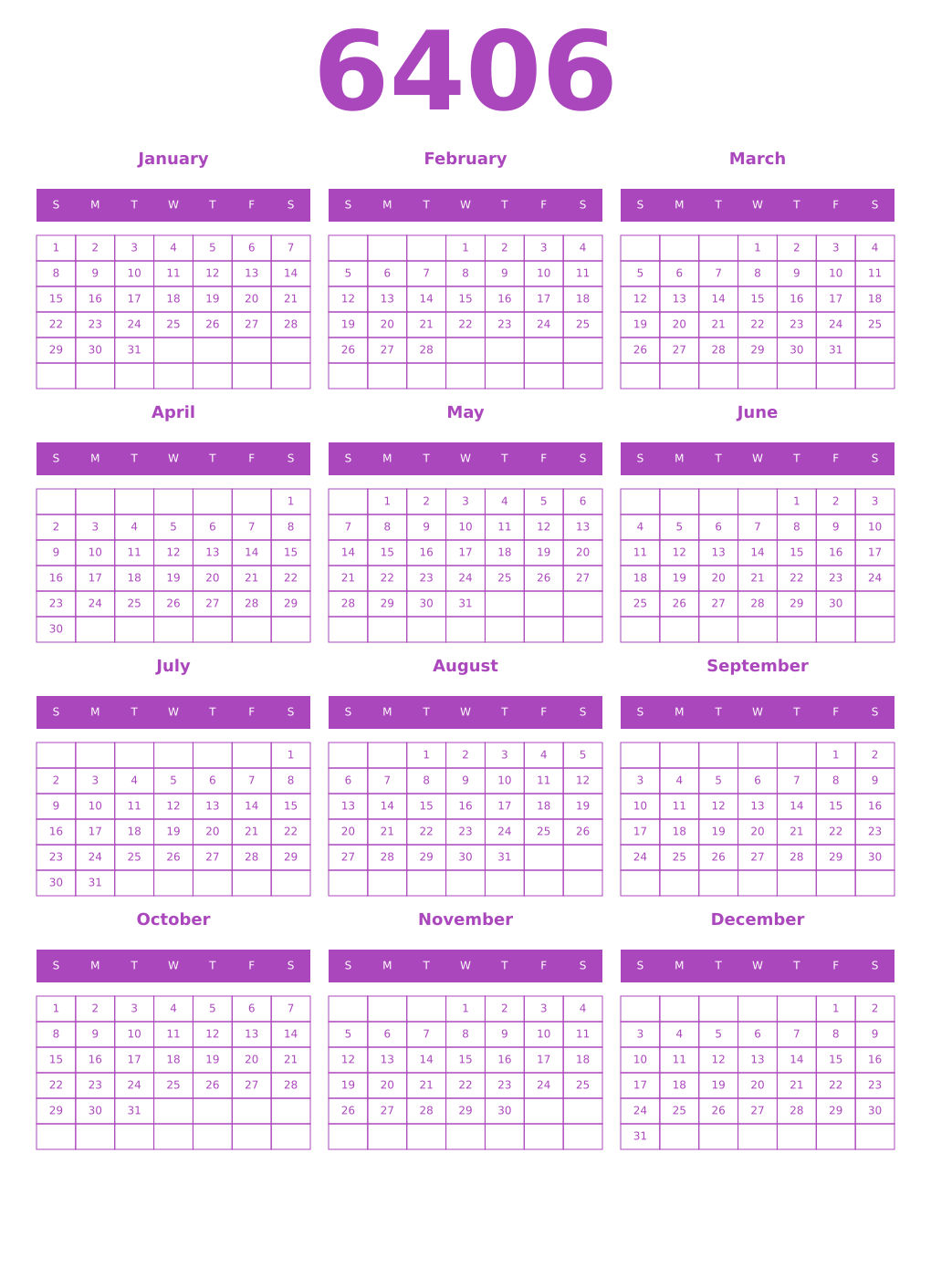Printable 6406 Year Calendars purple