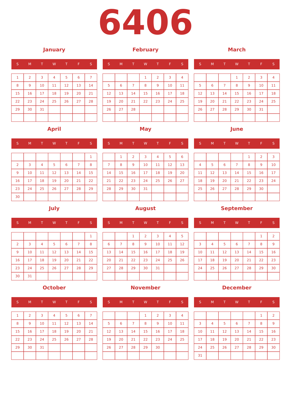 Printable 6406 Year Calendars red