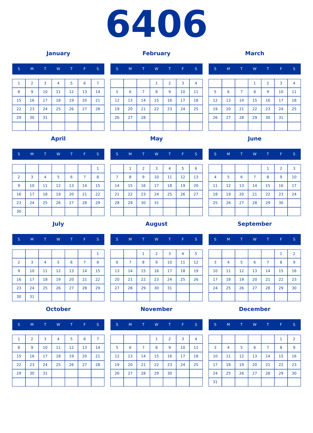 Printable 6406 Year Calendars smalt