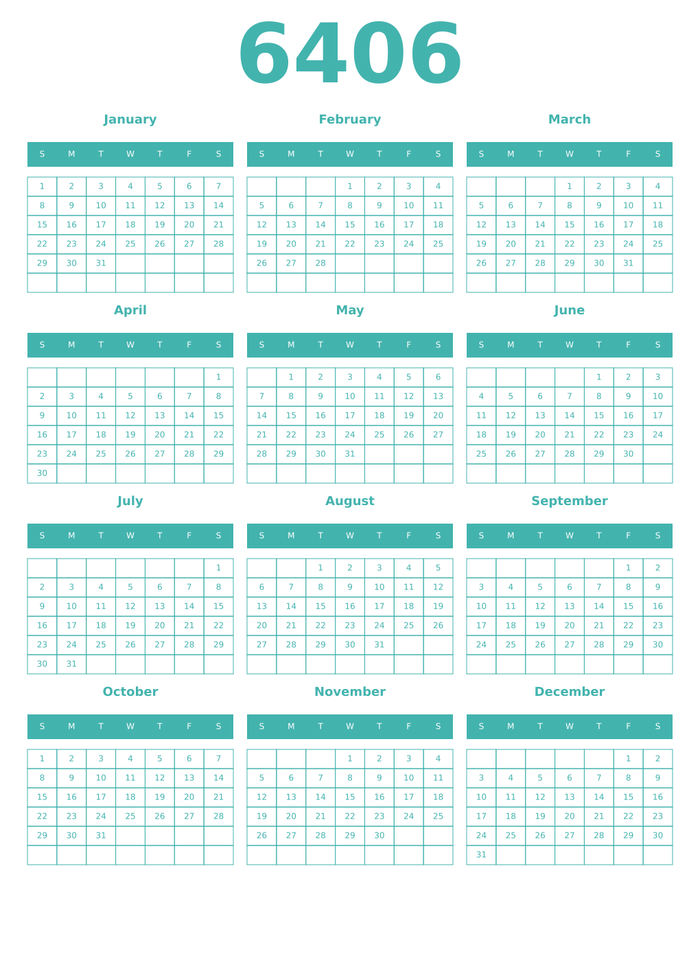 Printable 6406 Year Calendars verdigris