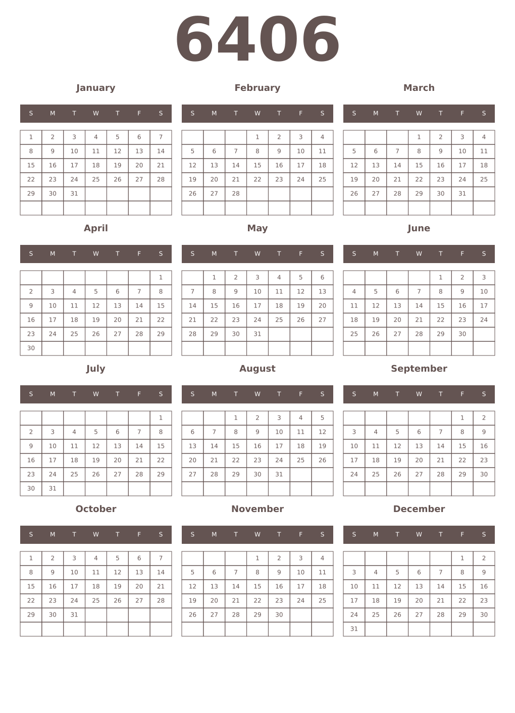 Printable 6406 Year Calendars wenge
