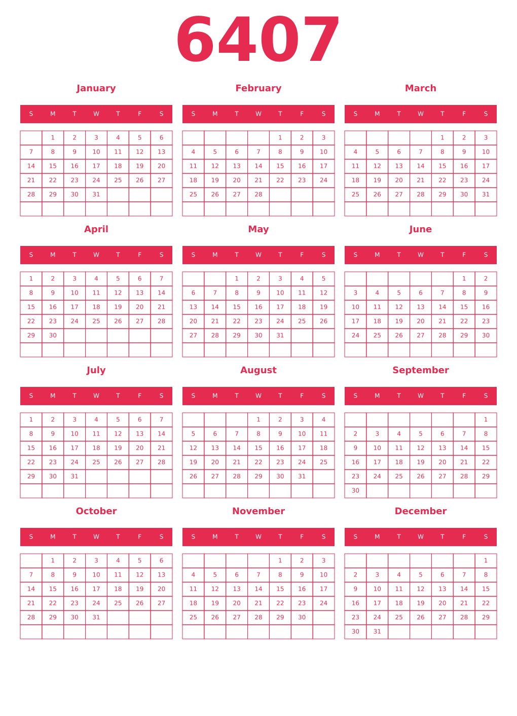 Printable 6407 Year Calendars amaranth