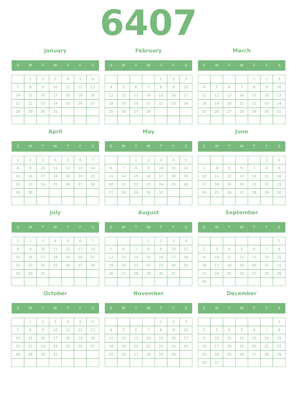Printable 6407 Year Calendars celadon