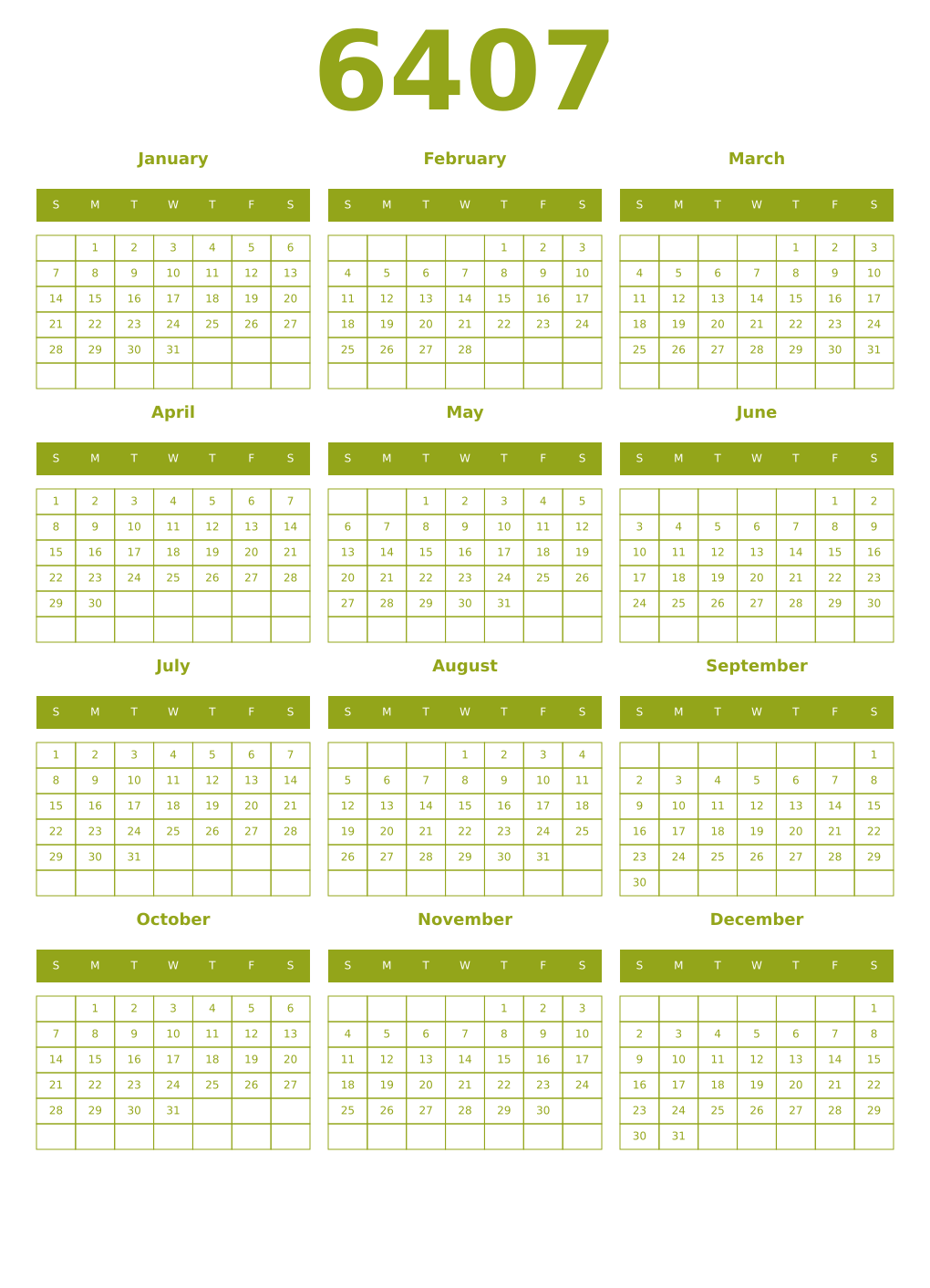 Printable 6407 Year Calendars chartreuse