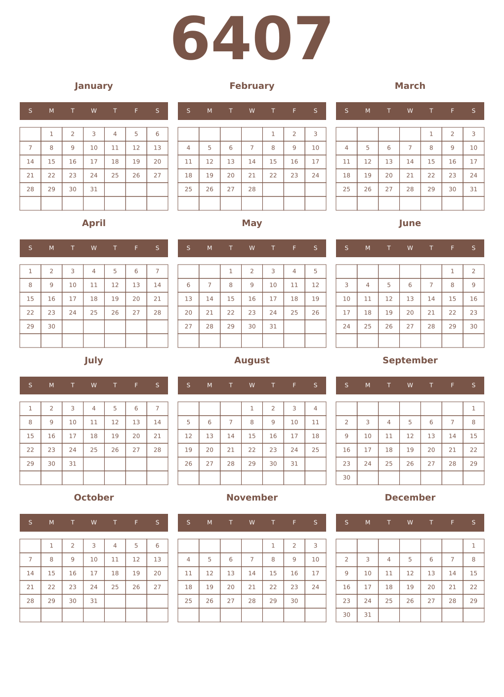 Printable 6407 Year Calendars coffe