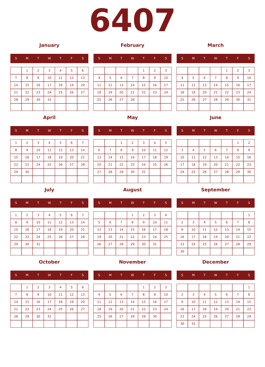 Printable 6407 Year Calendars falu
