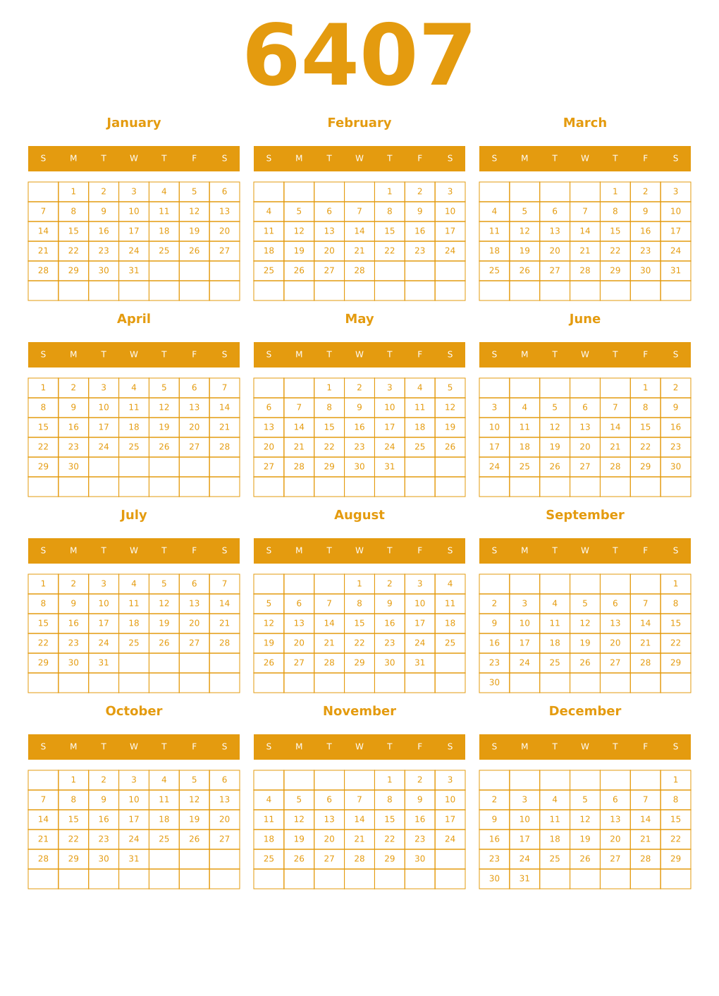 Printable 6407 Year Calendars gamboge
