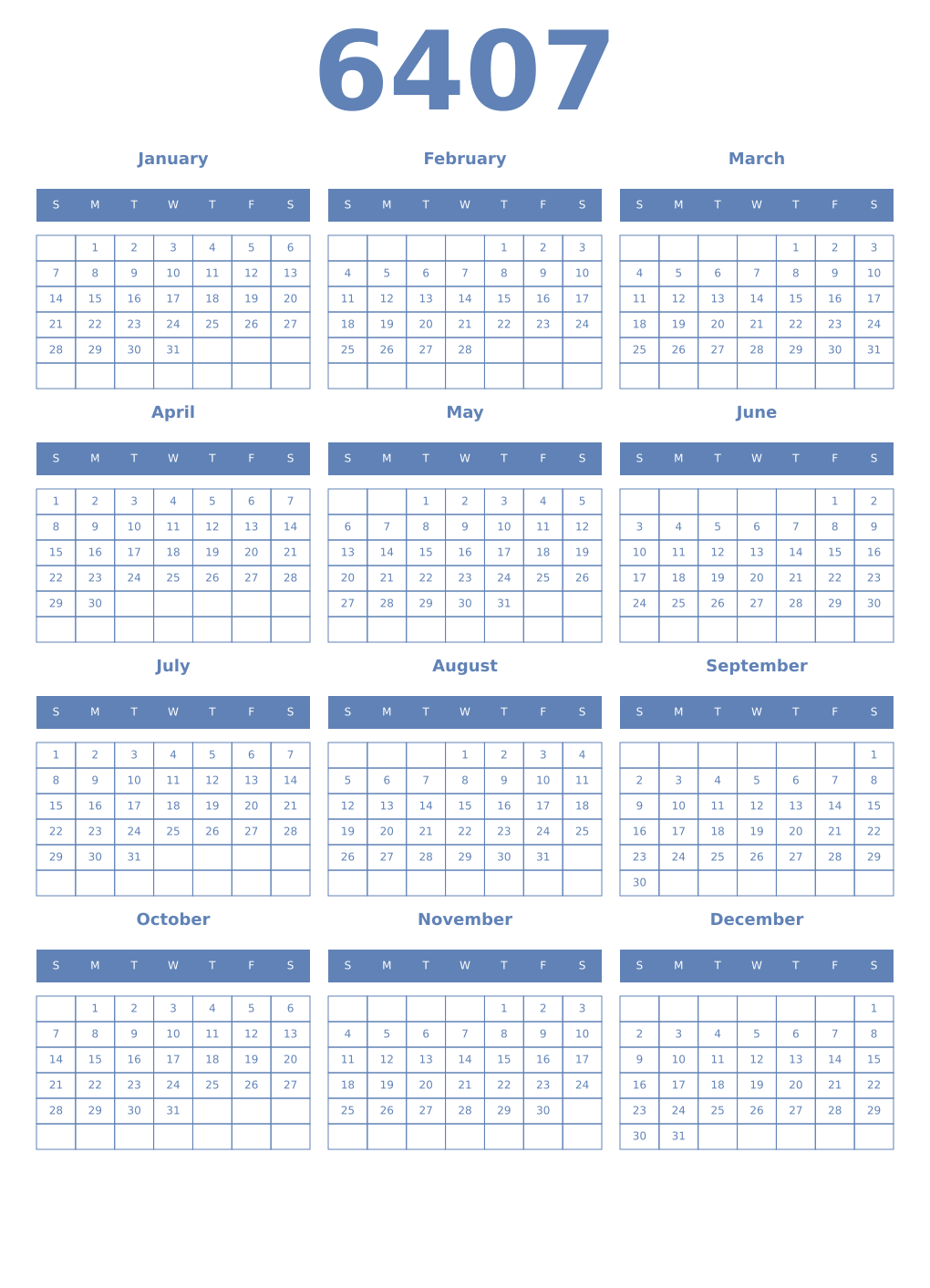 Printable 6407 Year Calendars glaucous