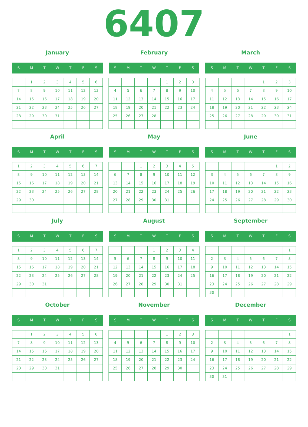 Printable 6407 Year Calendars green