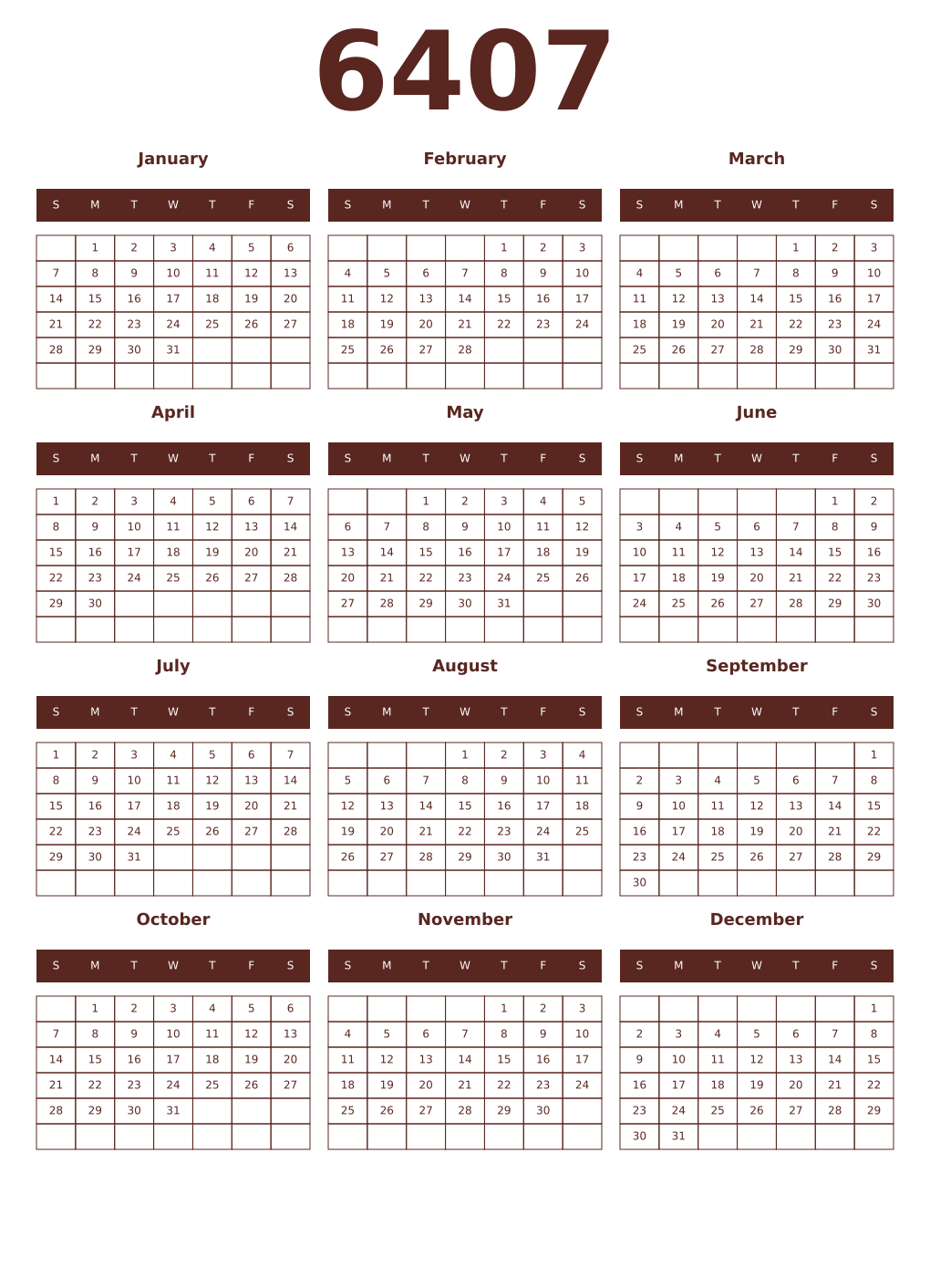 Printable 6407 Year Calendars mortuum