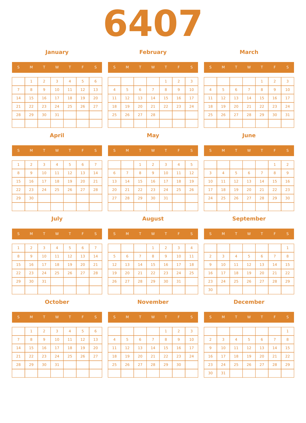 Printable 6407 Year Calendars orange