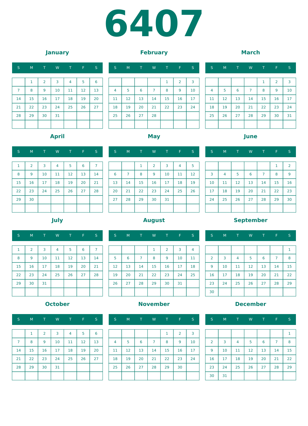 Printable 6407 Year Calendars pastel