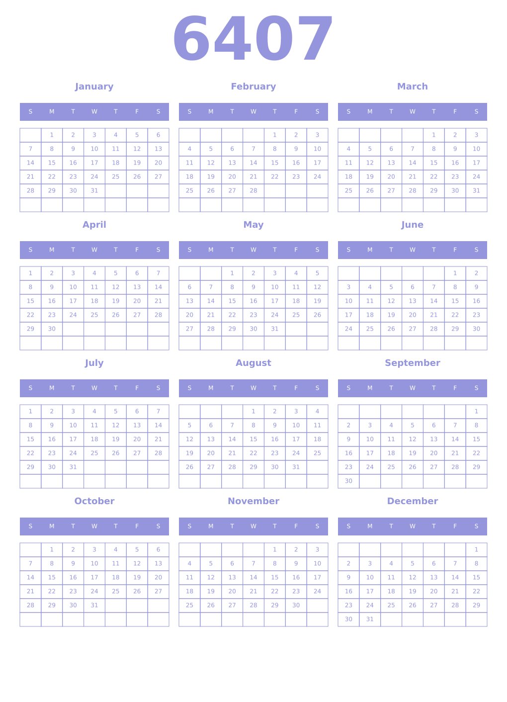 Printable 6407 Year Calendars periwinkle