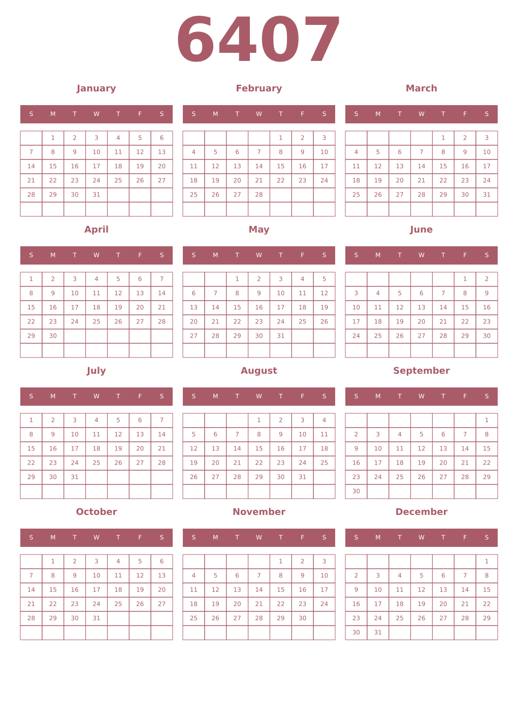 Printable 6407 Year Calendars puce