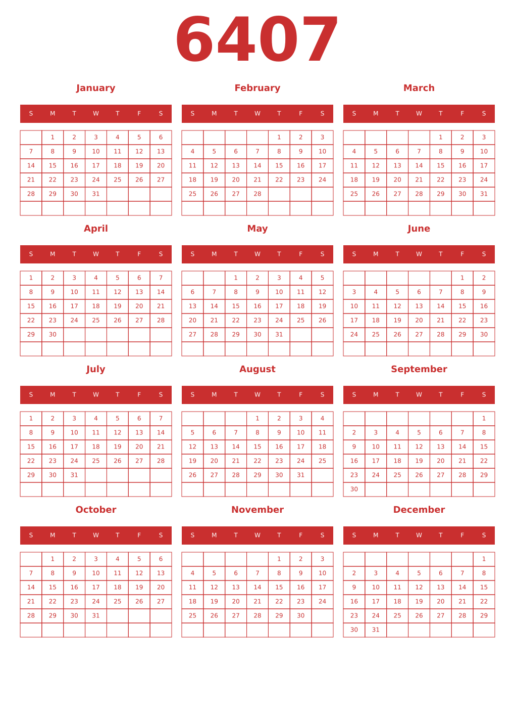 Printable 6407 Year Calendars red