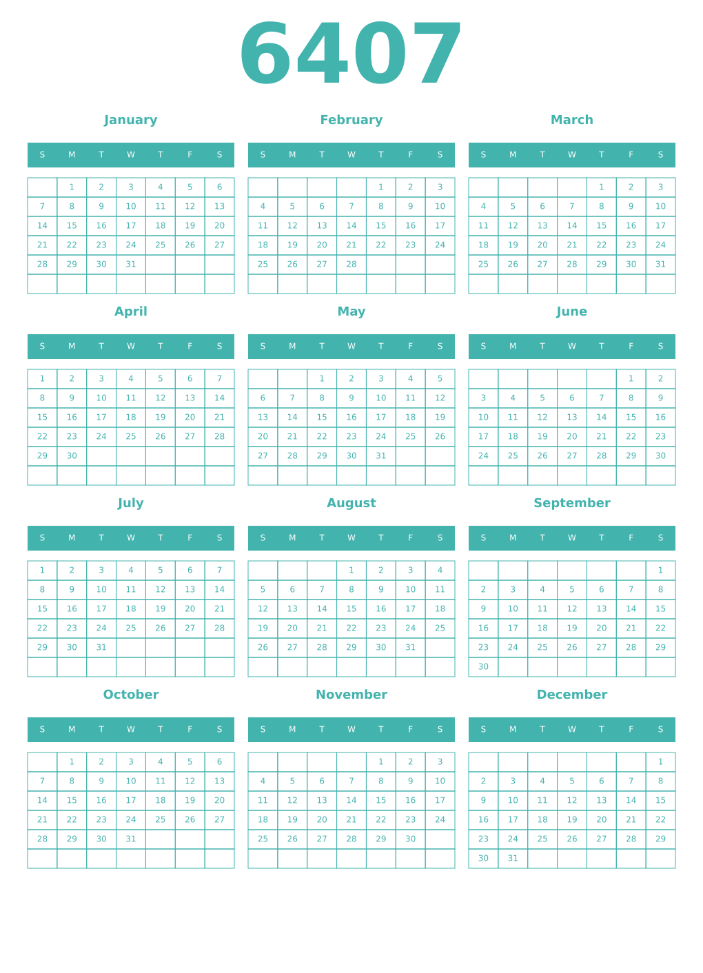 Printable 6407 Year Calendars verdigris