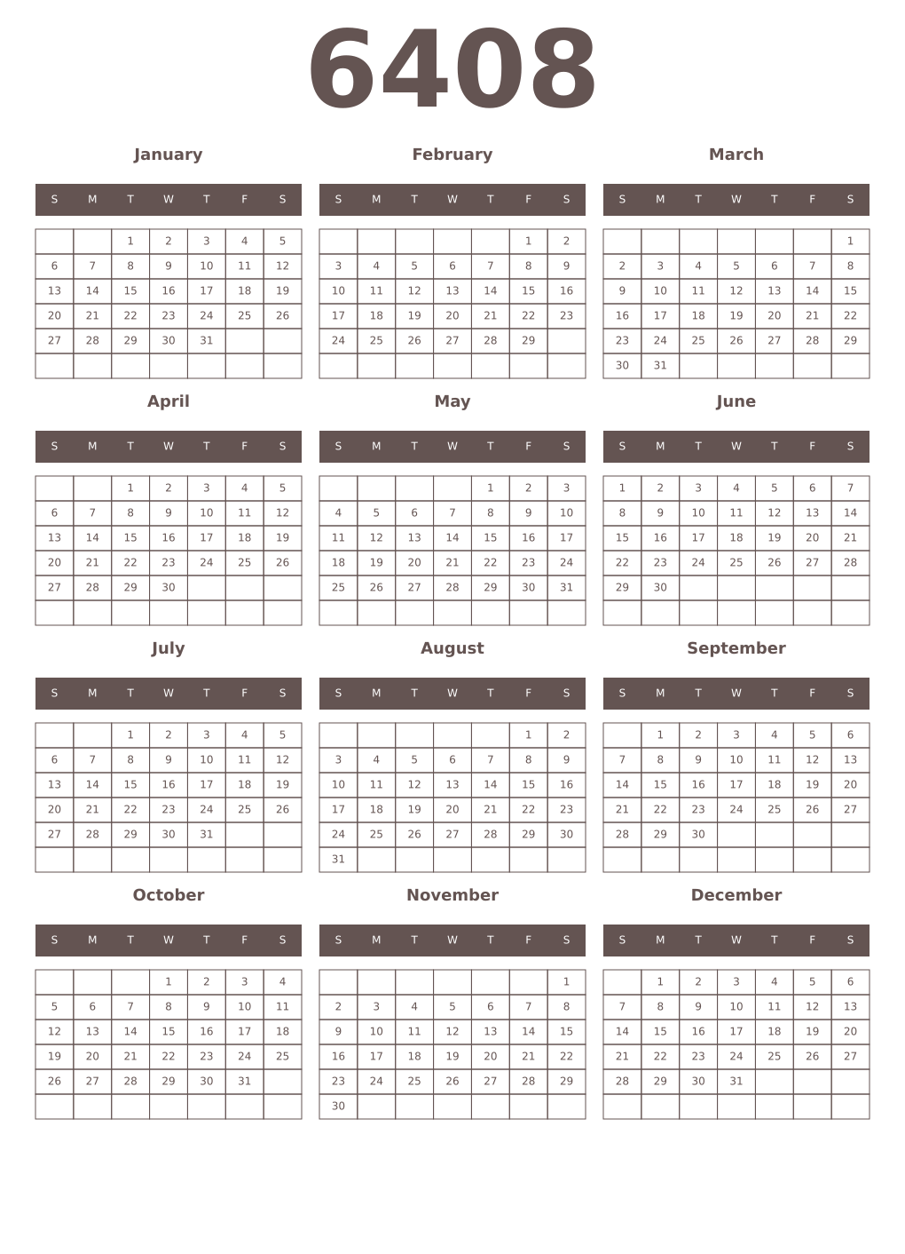 Printable 6408 Year Calendars wenge