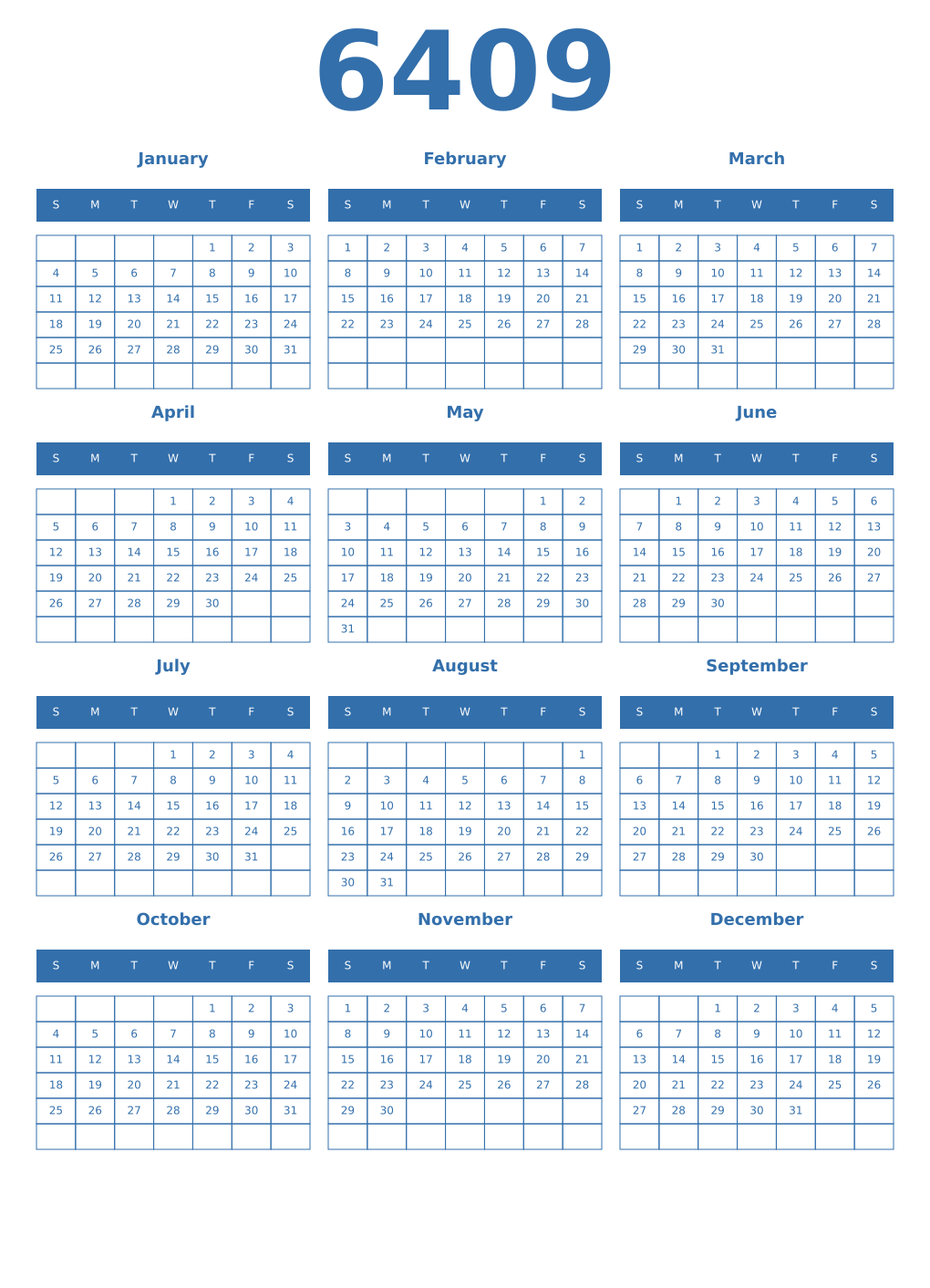 Printable 6409 Year Calendars blue