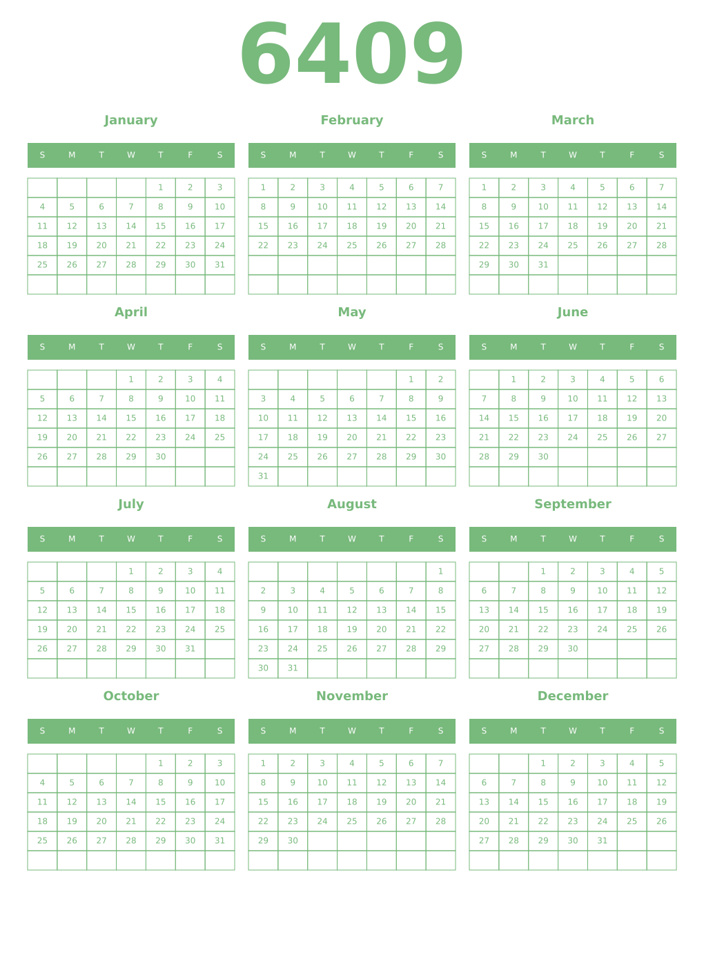 Printable 6409 Year Calendars celadon