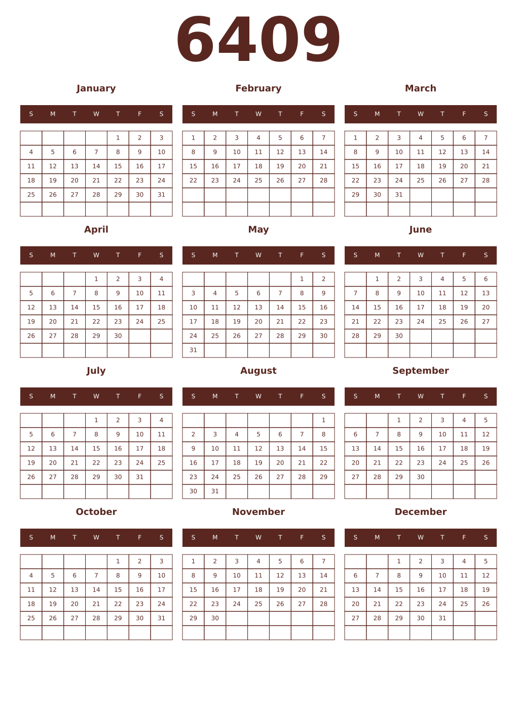 Printable 6409 Year Calendars mortuum