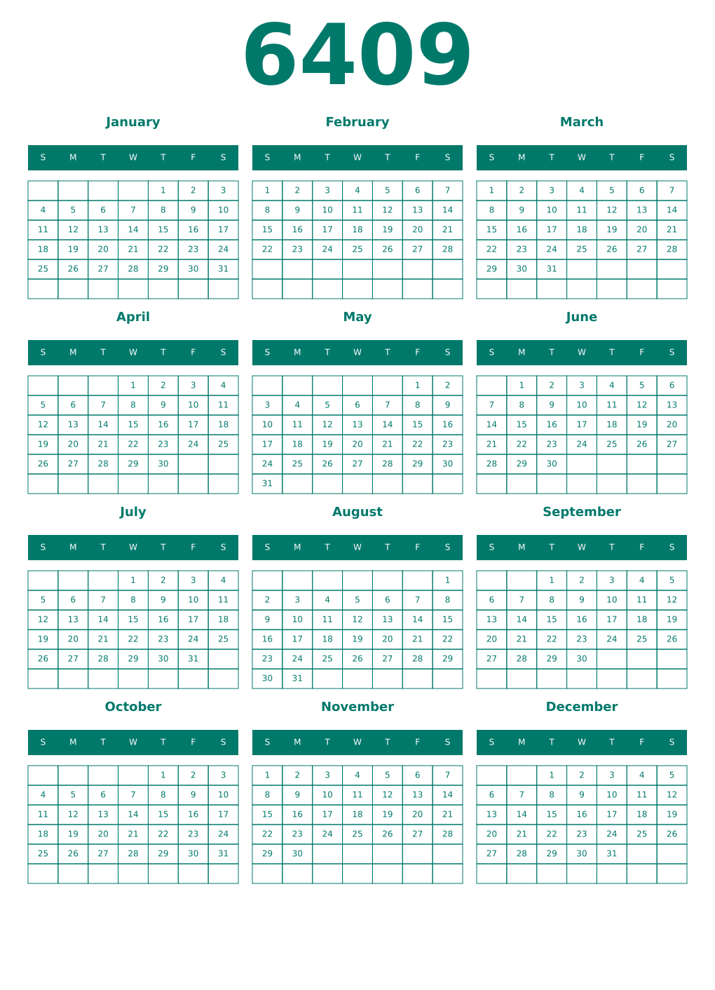 Printable 6409 Year Calendars pastel