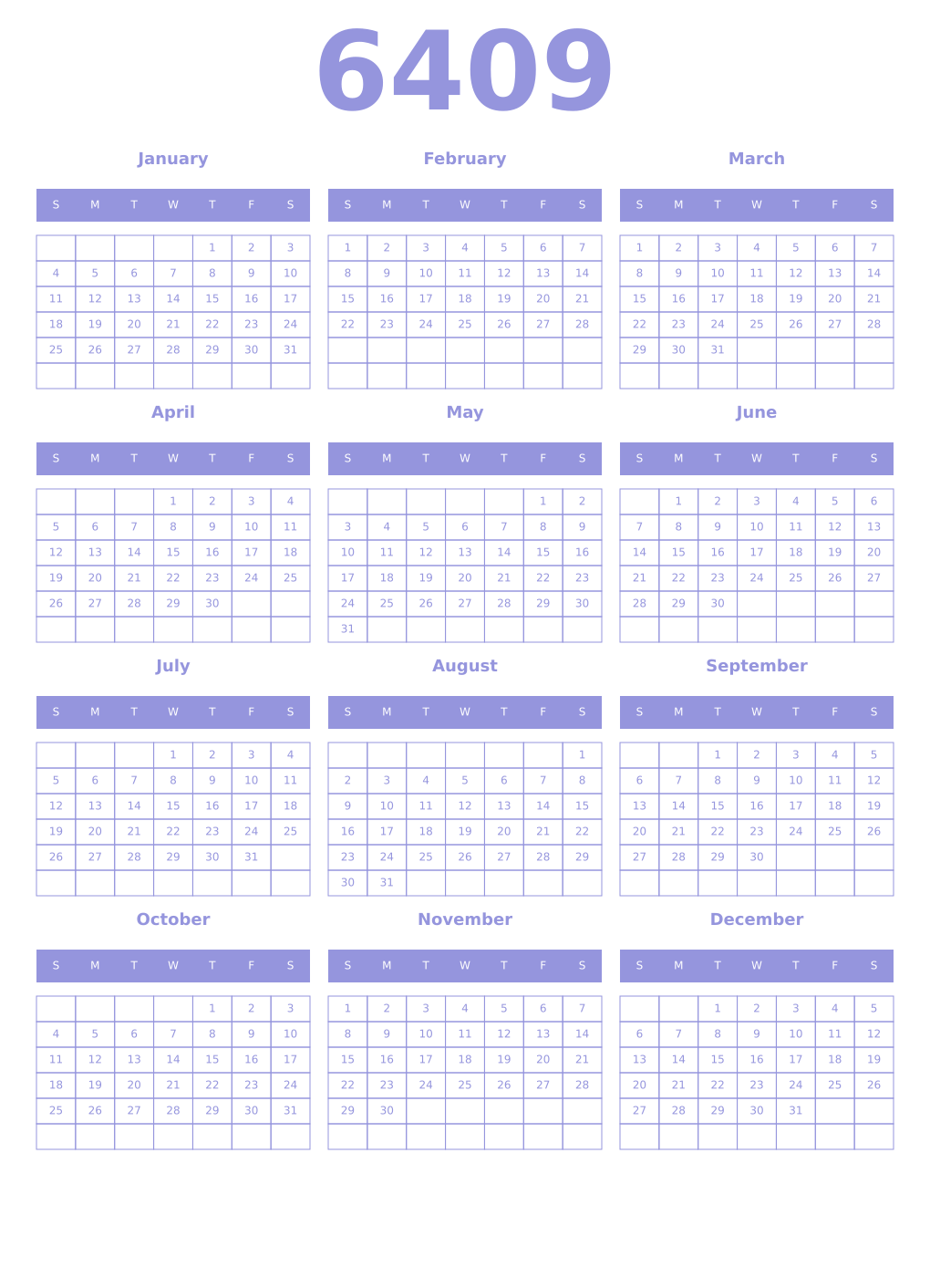 Printable 6409 Year Calendars periwinkle