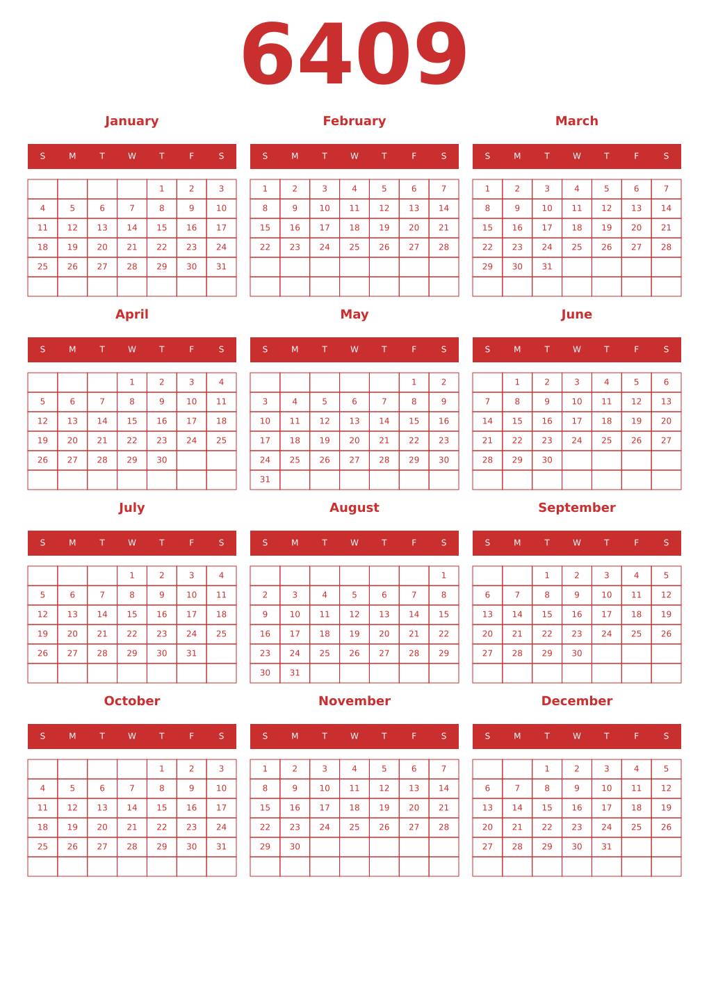 Printable 6409 Year Calendars red