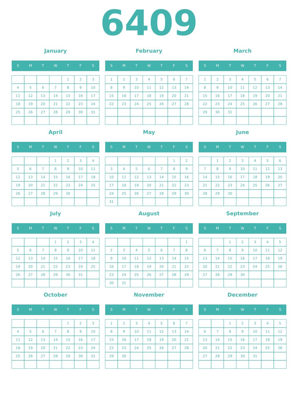 Printable 6409 Year Calendars verdigris