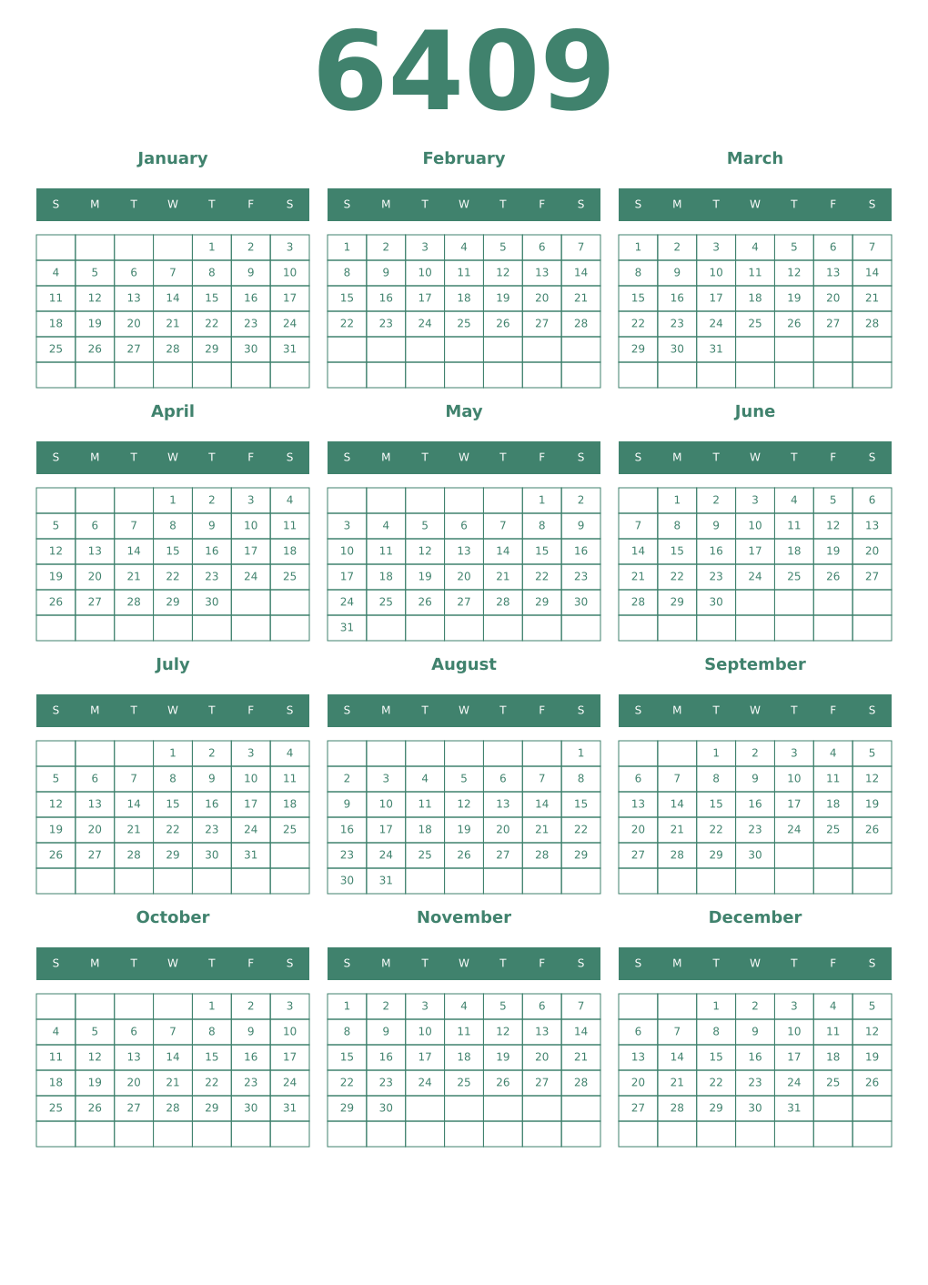 Printable 6409 Year Calendars viridian