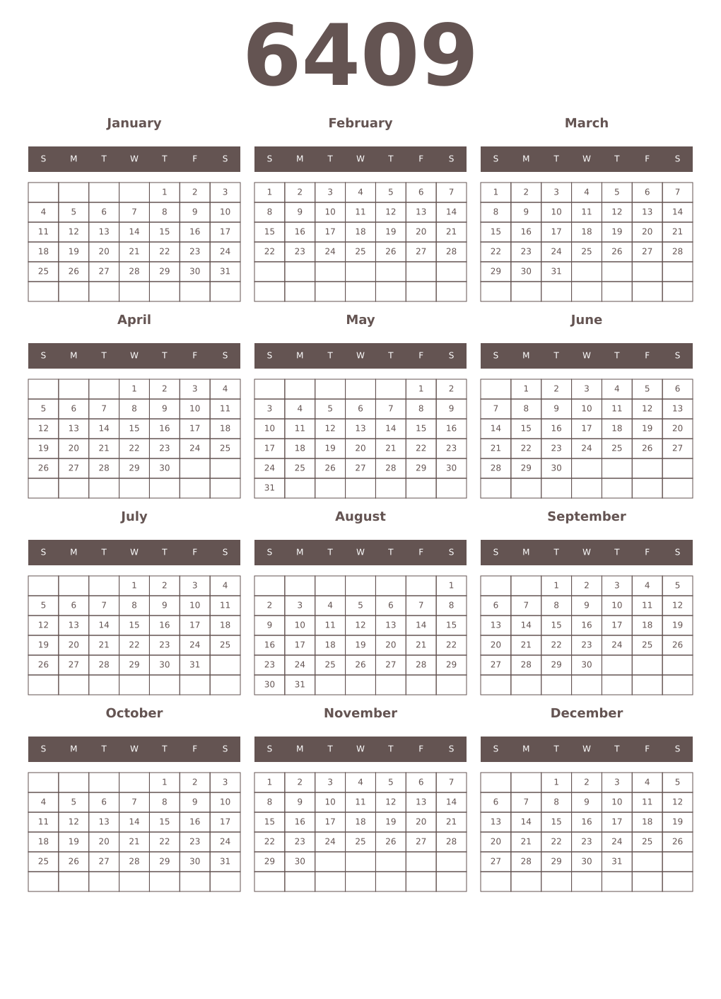 Printable 6409 Year Calendars wenge