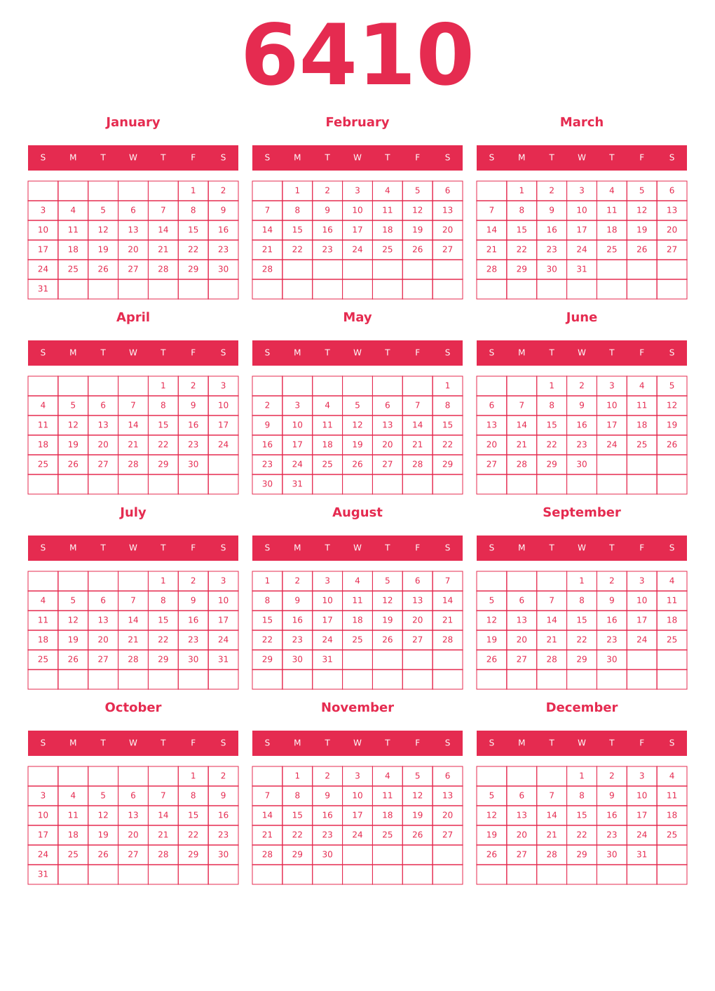 Printable 6410 Year Calendars amaranth
