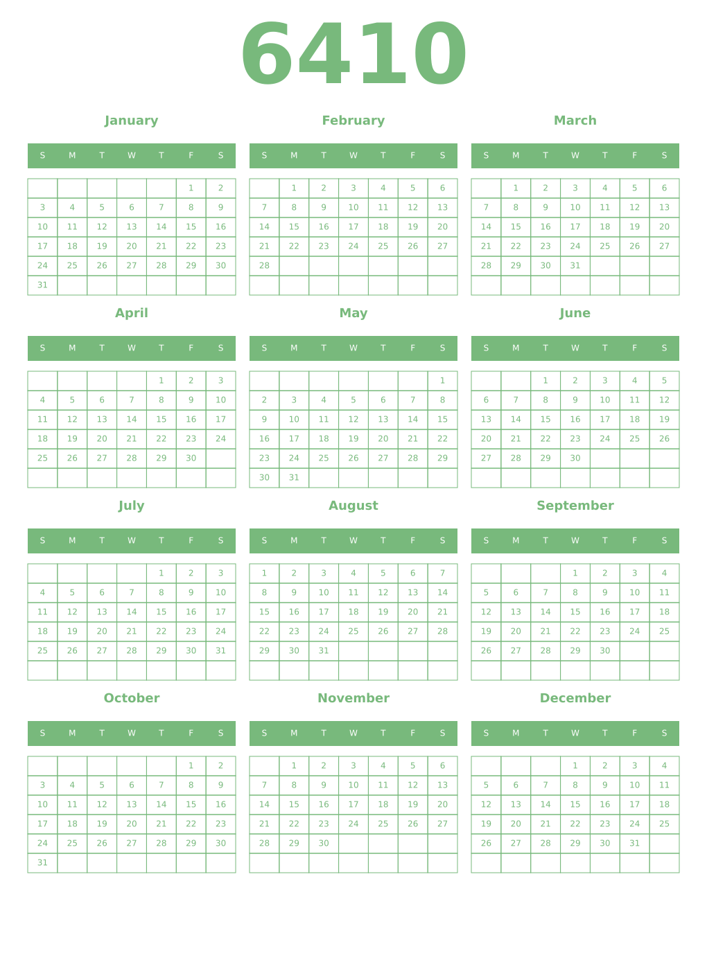Printable 6410 Year Calendars celadon