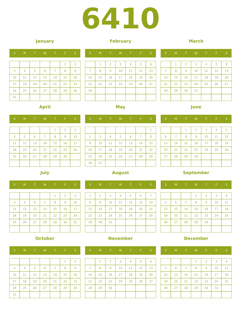 Printable 6410 Year Calendars chartreuse