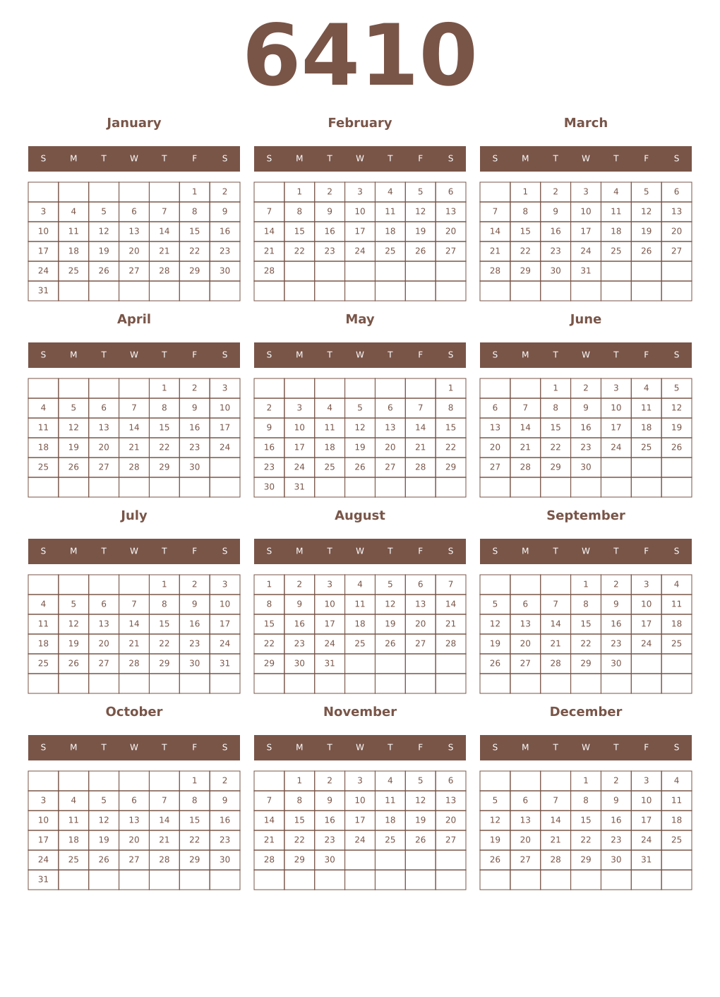 Printable 6410 Year Calendars coffe