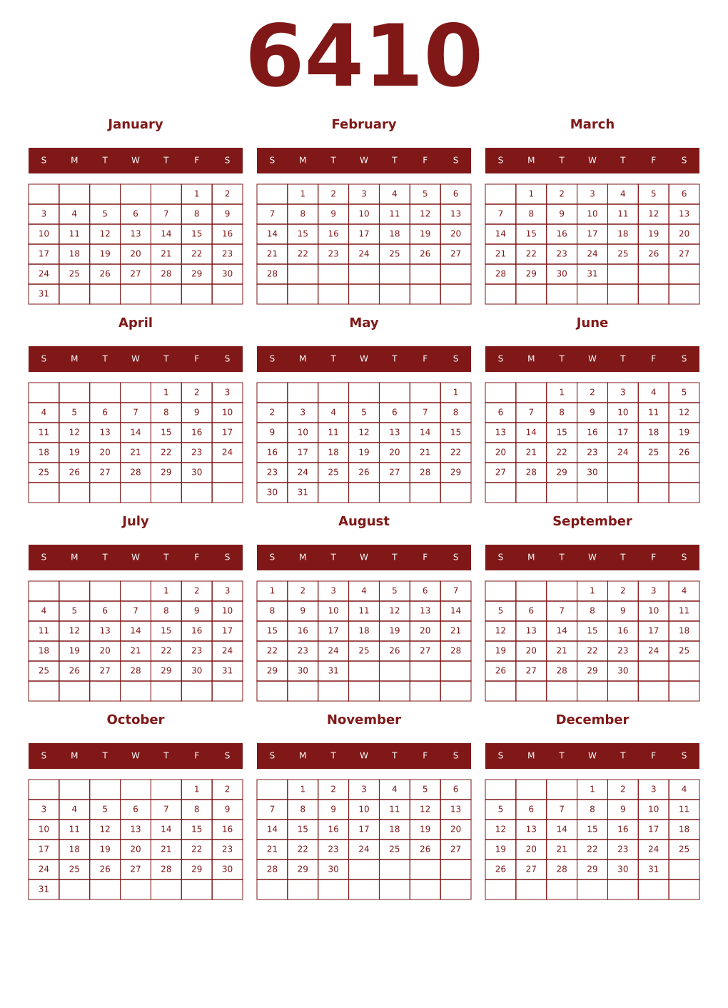 Printable 6410 Year Calendars falu