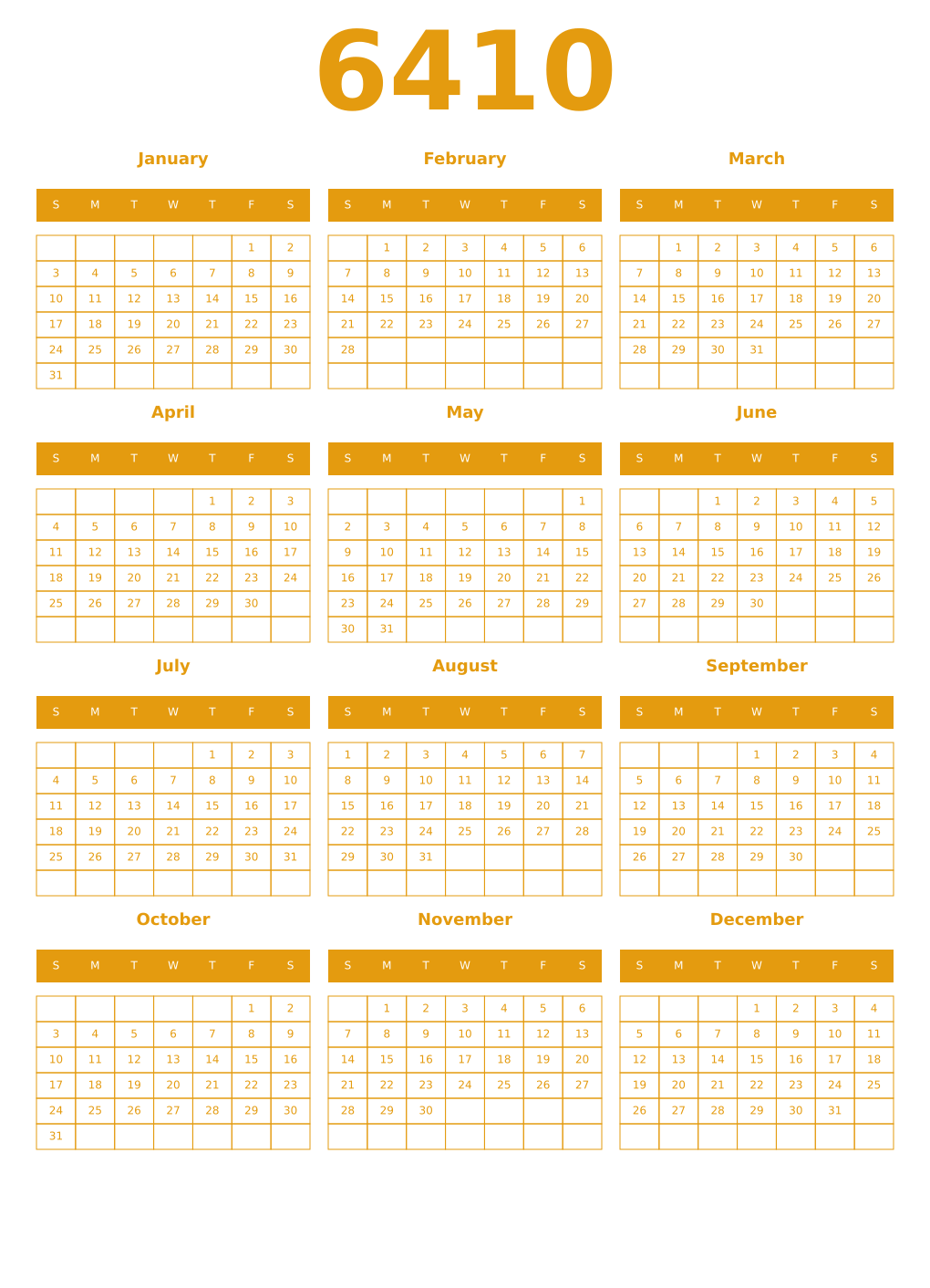 Printable 6410 Year Calendars gamboge