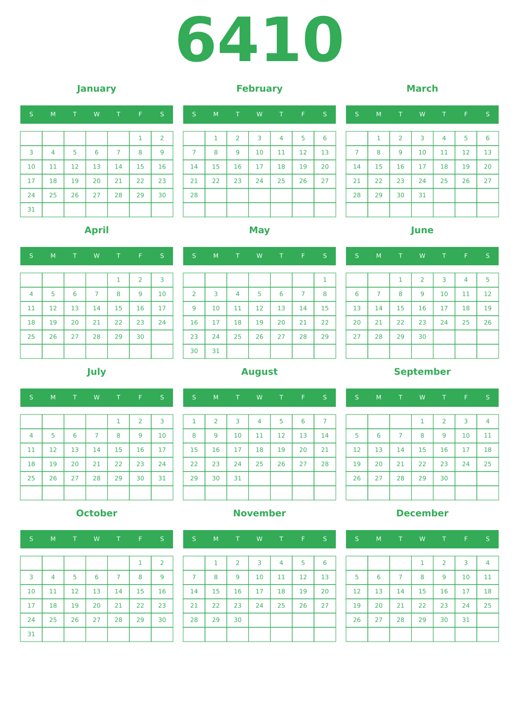 Printable 6410 Year Calendars green