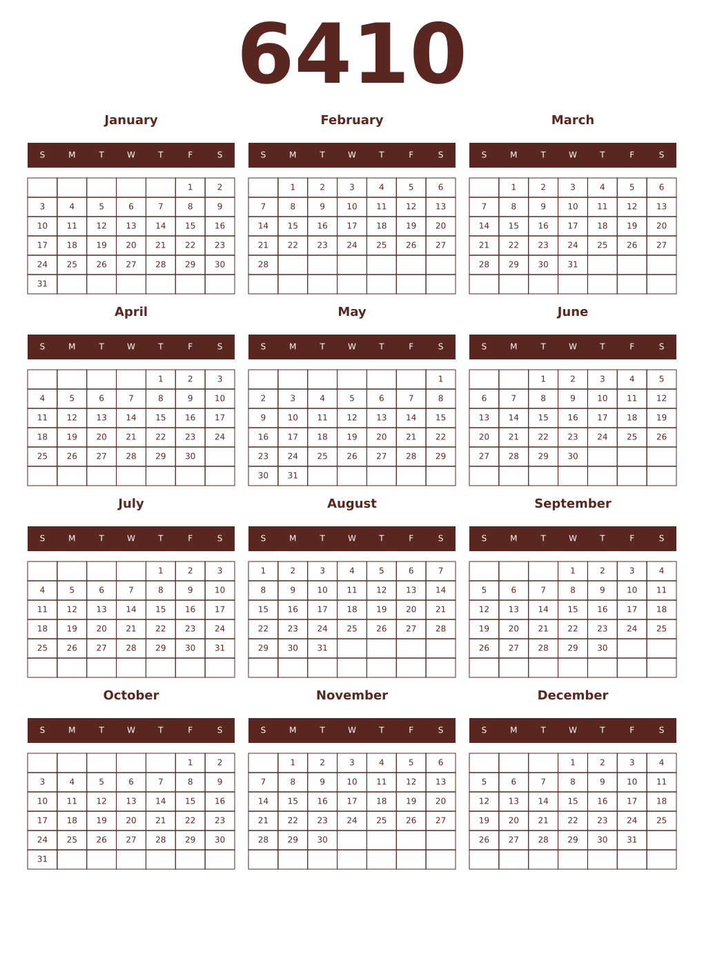Printable 6410 Year Calendars mortuum