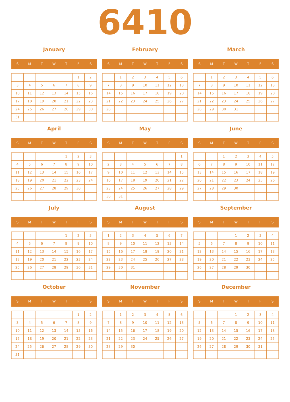 Printable 6410 Year Calendars orange