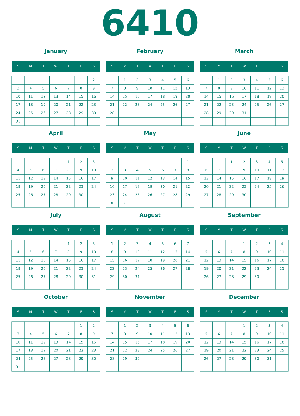 Printable 6410 Year Calendars pastel